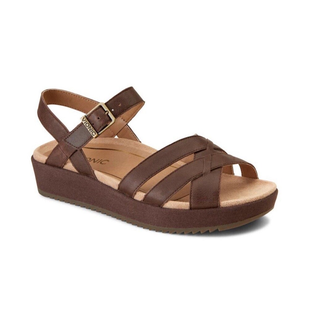 Vionic Size 7 Brown Leather Violet Sandals Slingback Adjustable Straps Wedge